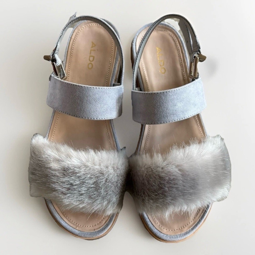 Aldo Gray Faux Fur Fuzzy Platform Sandals Suede Slingback Women’s Size 7.5